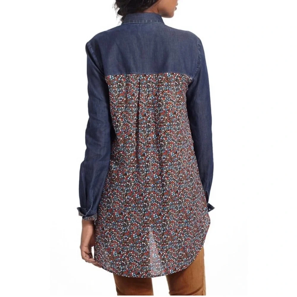 Anthropologie Postage Stamp chambray floral denim button down shirt longsleeve 4 - Picture 2 of 11